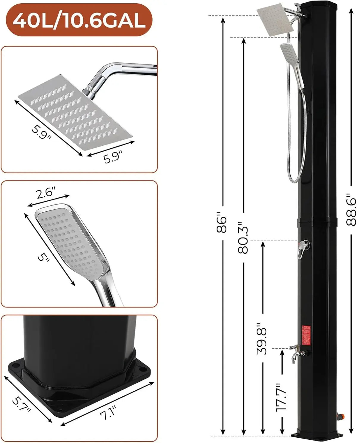 Solar Heated Shower,Outdoor PVC Freestanding Shower with 360 Rotating Rainfall,Handheld Head,Temperature Adjustment,Foot Faucet