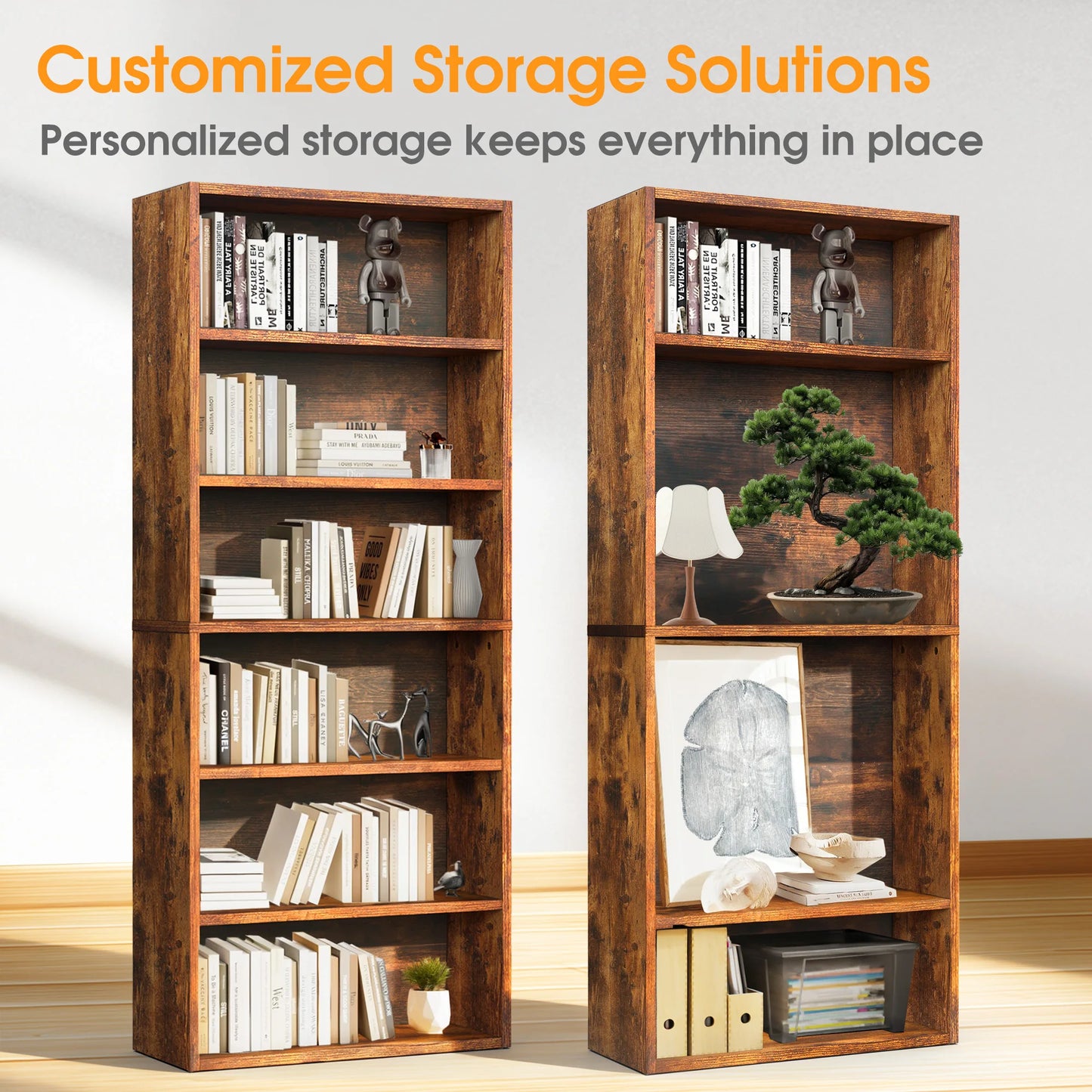 MCQ 6 Tier Wooden Bookcase Adjustable Open Storage Shelf