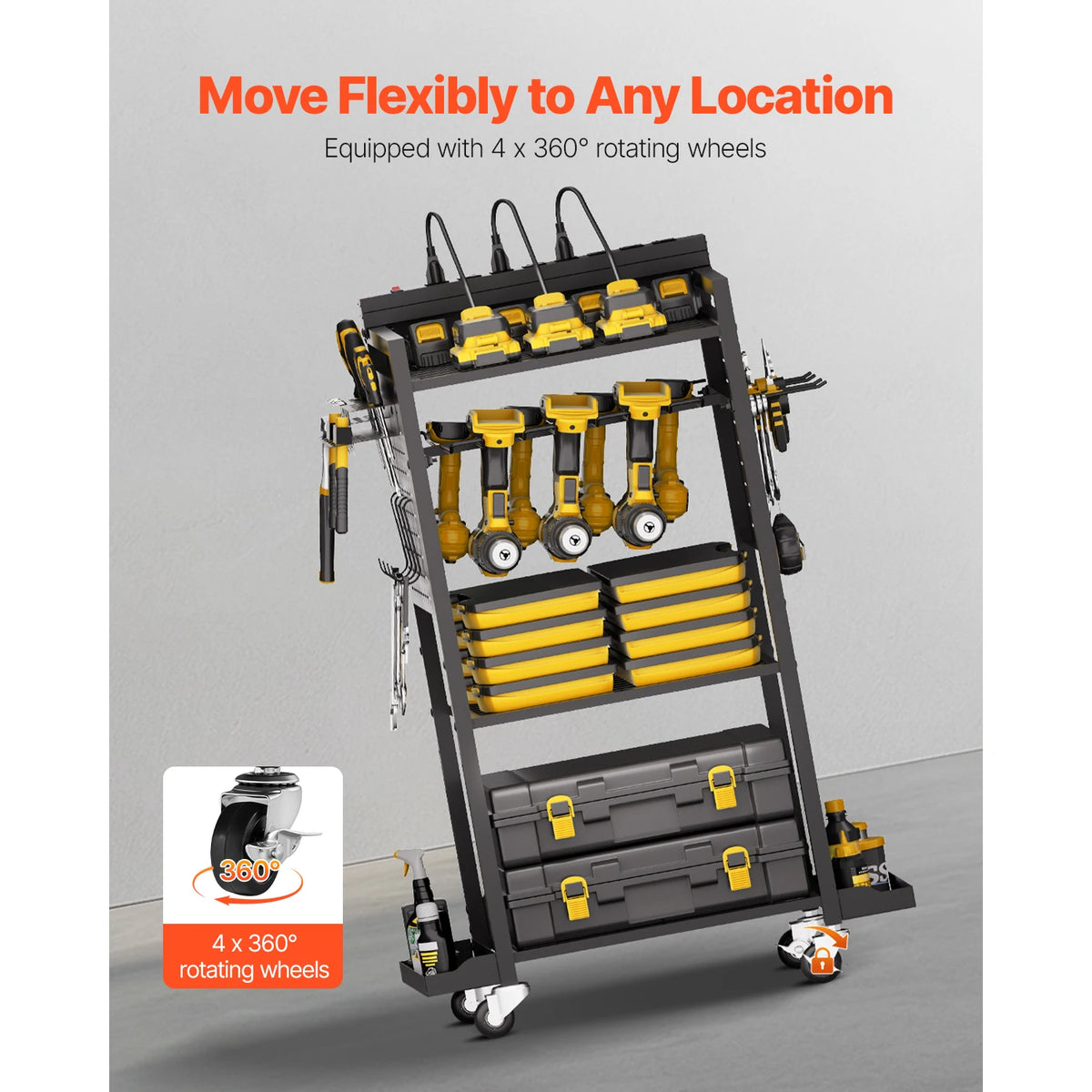 Rolling Tool Organizer Cart With Integrated AC Charging Station