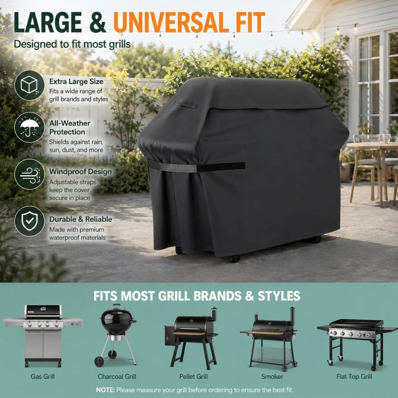 2-Piece Full-Coverage BBQ Cover—Outdoor Weather Protection; Black Oxford Fabric—Waterproof, UV-Resistant, and Tear-Resistant; Drawstring Closure for Easy Cleaning; Wind-Resistant and Durable; Suitable for Large Outdoor BB