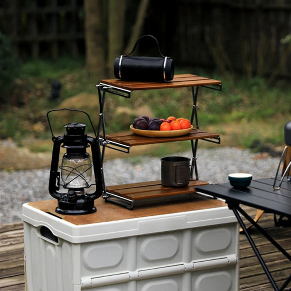 3-Tier Foldable Wooden Camping Shelf with Metal Frame Portable Countertop Storage Rack Outdoor Camping Rack Camping Accessories