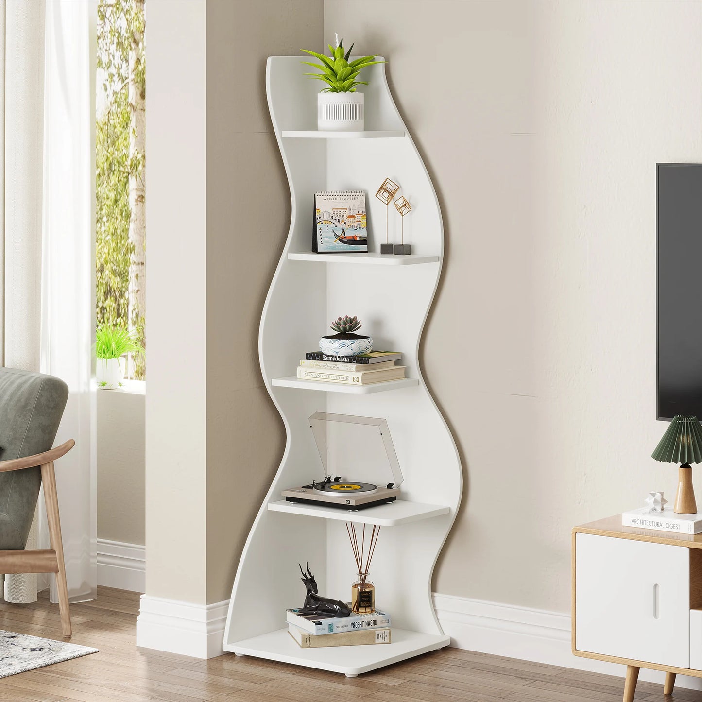 Tribesigns Modern Wooden Corner Bookshelf Wall Mounted Storage Rack
