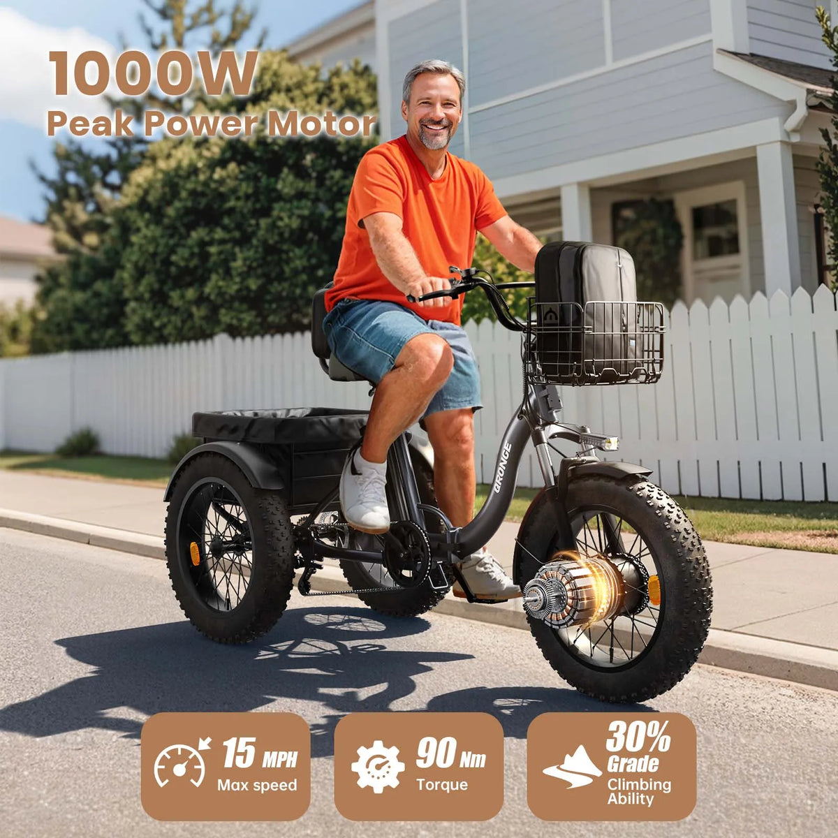 QRONGE Lava 1000W Peak Electric Tricycle Featuring Folding Fat Tires