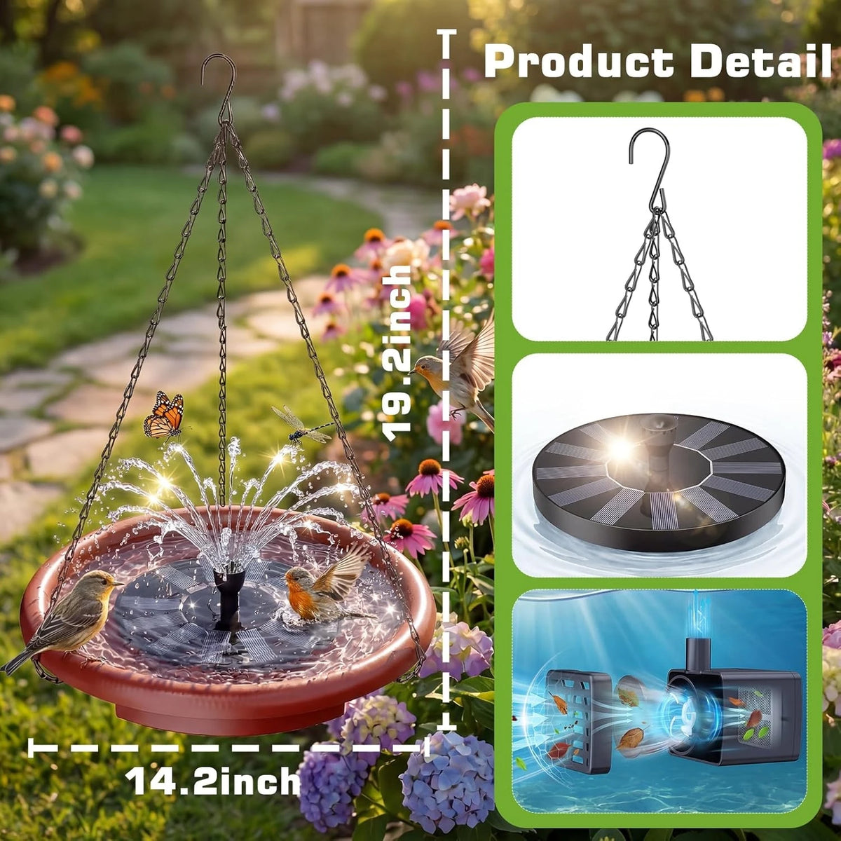 Solar Hanging Bird Bath With Fountain And Tiered Stand Design