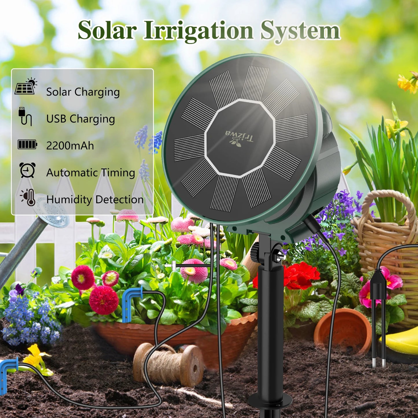 Solar Drip Irrigation Watering Sytem, with Dual Supply Option Solar-Powered&USB Charging, Multiple Watering Programs, DIY Watering Kit with Alarm Clock&15 Dripper for Potted Plants/Garden/Lawn ﻿
