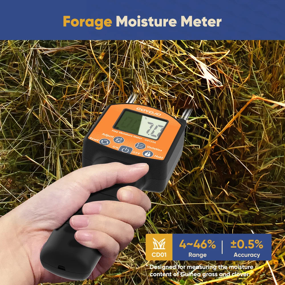 Portable Digital Hay Moisture Tester Meter Probe Tester with LCD, 0-80% Moisture Range, for Alfalfa, Leymus, Orchard Grass, Straw Bales Fast Accurate Digital Sensor Hay bale Moisture Meter GS120A