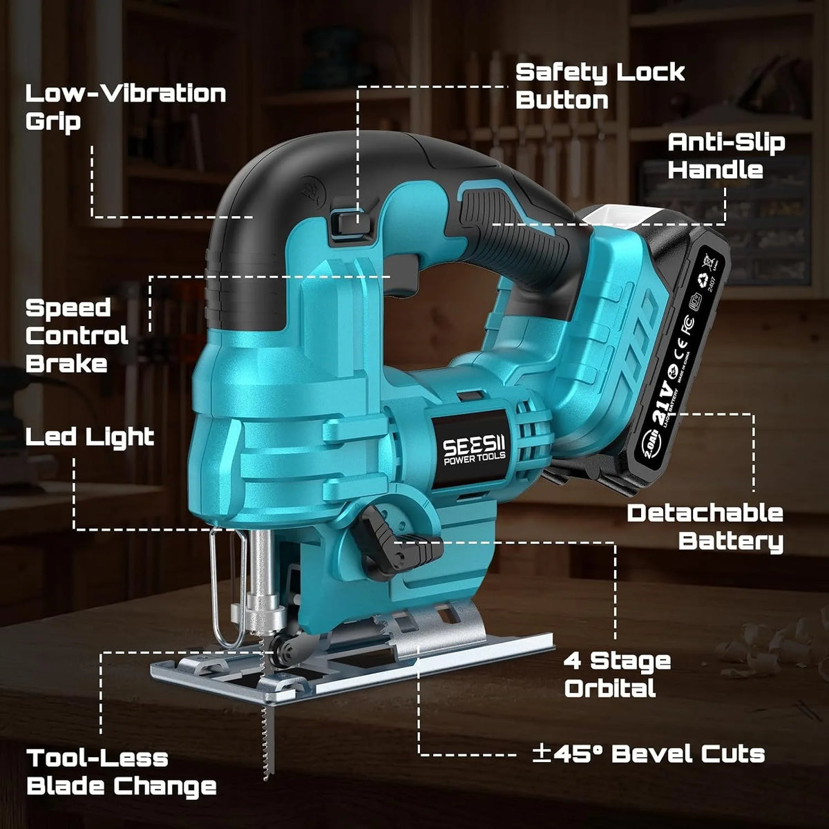Seesii Cordless Jigsaw Tool Rechargeable Multifunction Wood Cutter