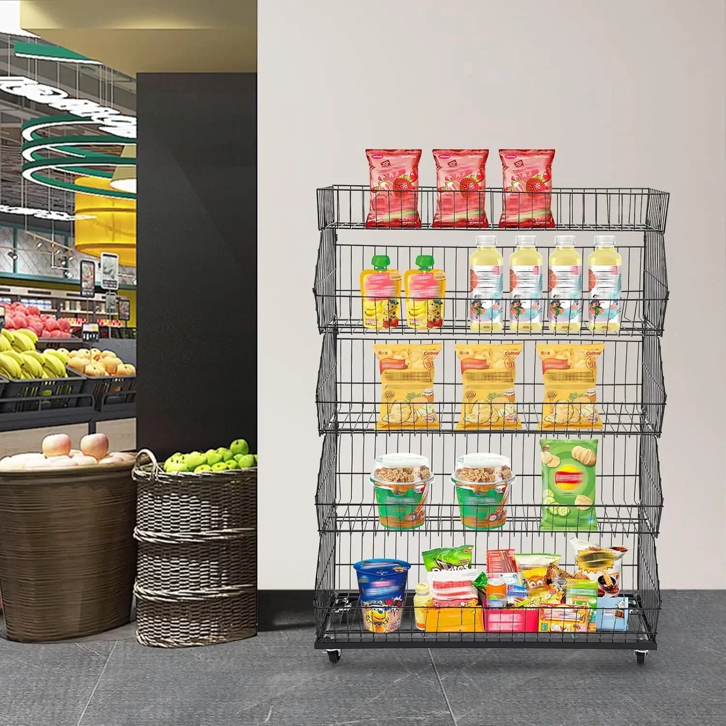 Multi Level Steel Wire Display Shelf For Supermarket Produce