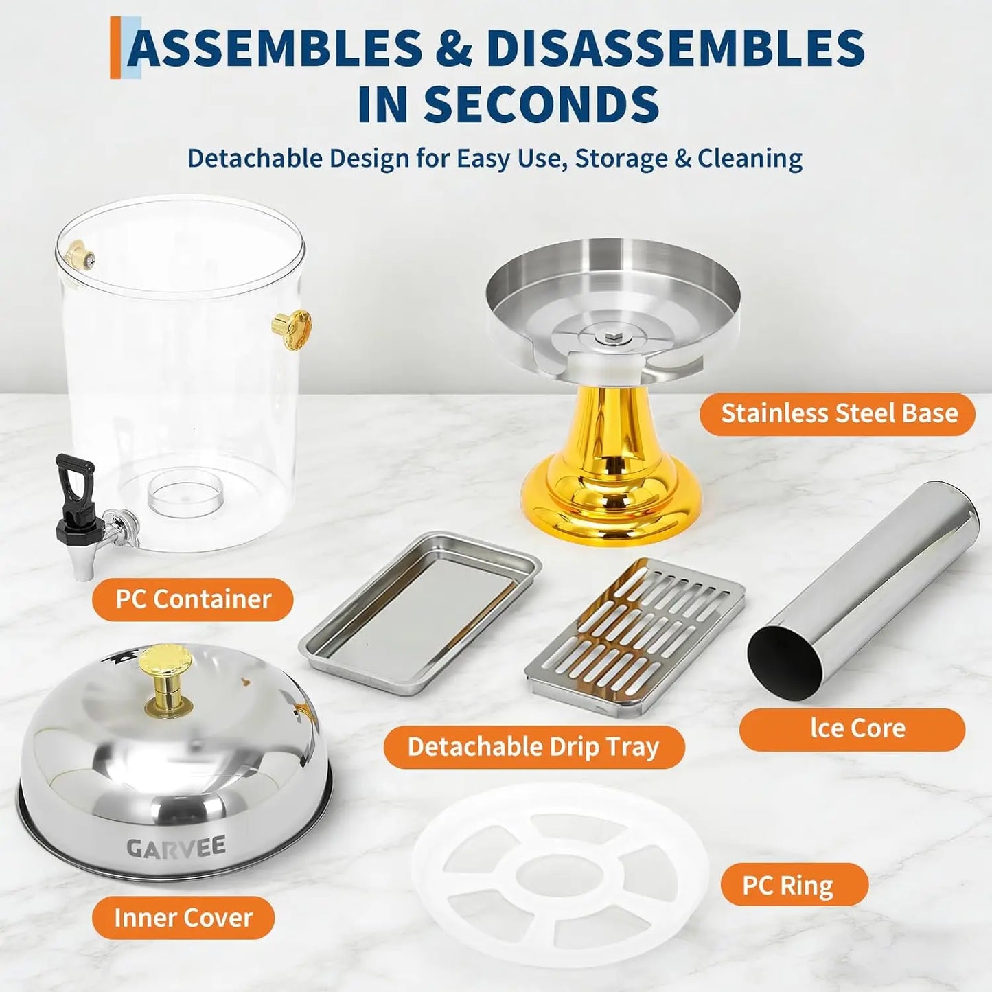 Tacleekii 2.2gal-6.6gal Commercial Drink Dispenser with Ice Core Stainless Steel Beverage Dispenser with Stand, Spigot & Drip Tray for Cold Juice Iced Tea Parties & Weddings