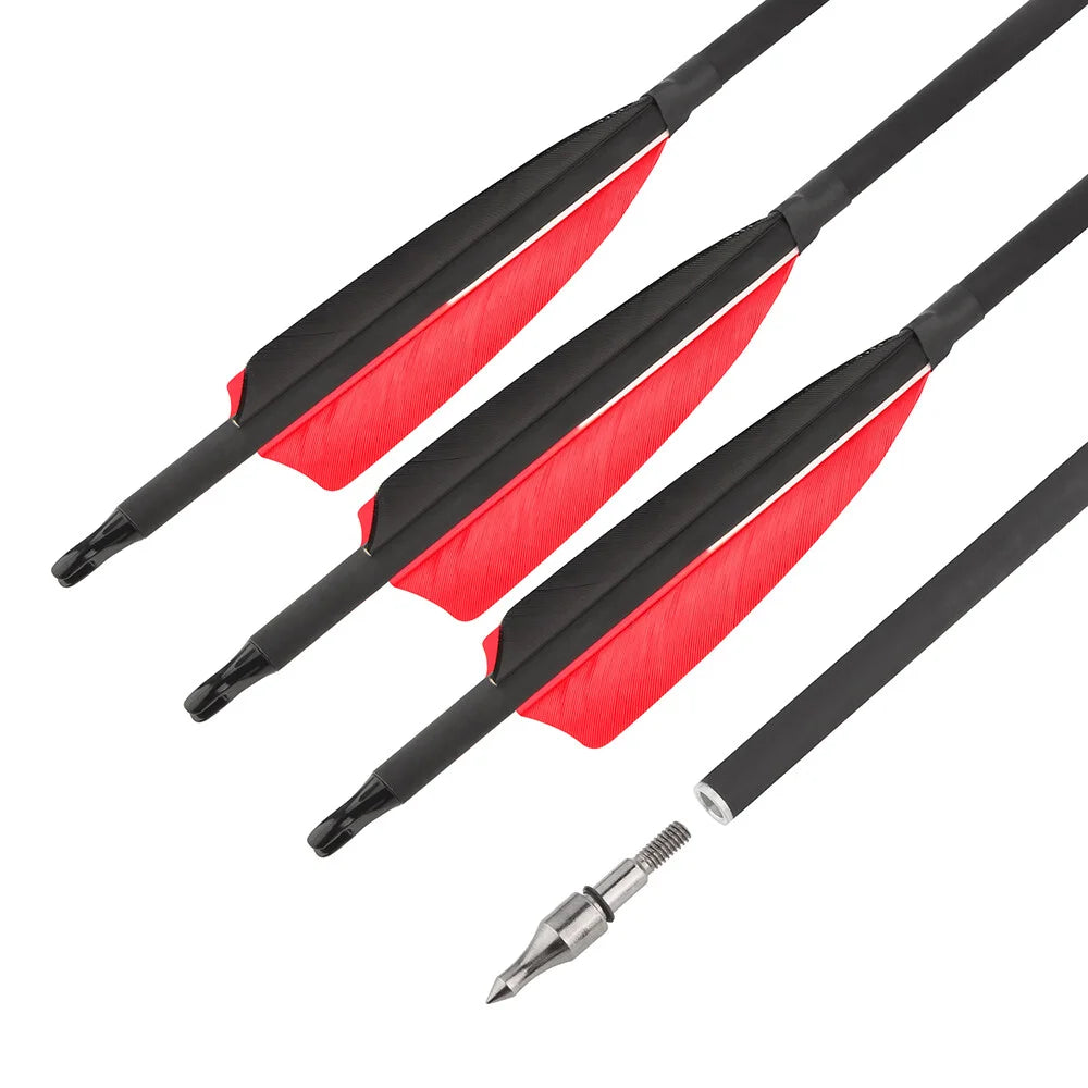12pcs Archery Mixed Carbon Arrows Spine 500 ID6.2mm OD7.8mm 4 Inch Shield Turkey Feathers 100 Grain Tips for Compound Recurve Bow Hunting Shooting