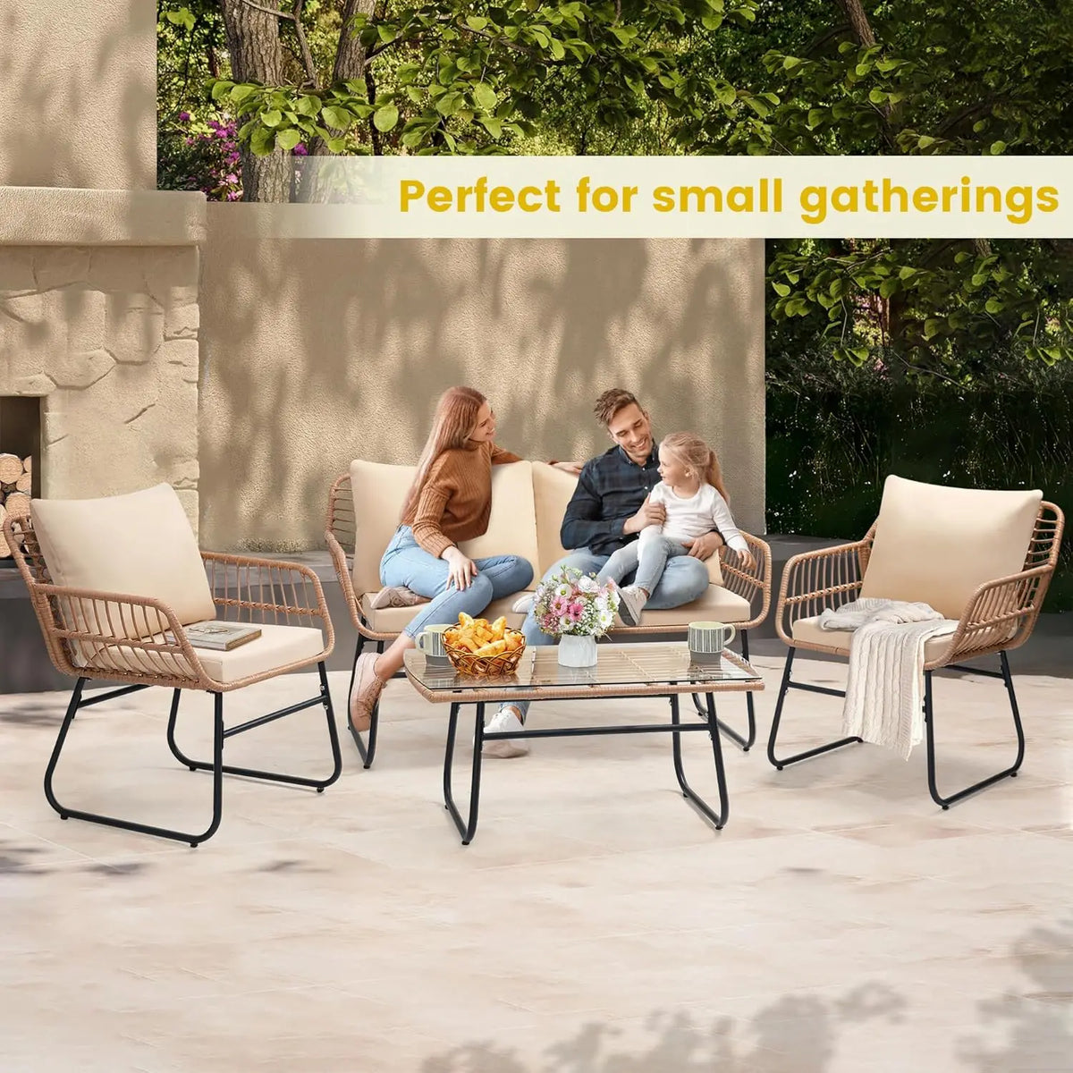 Modern Four Piece Rattan Patio Bistro Outdoor Furniture Set