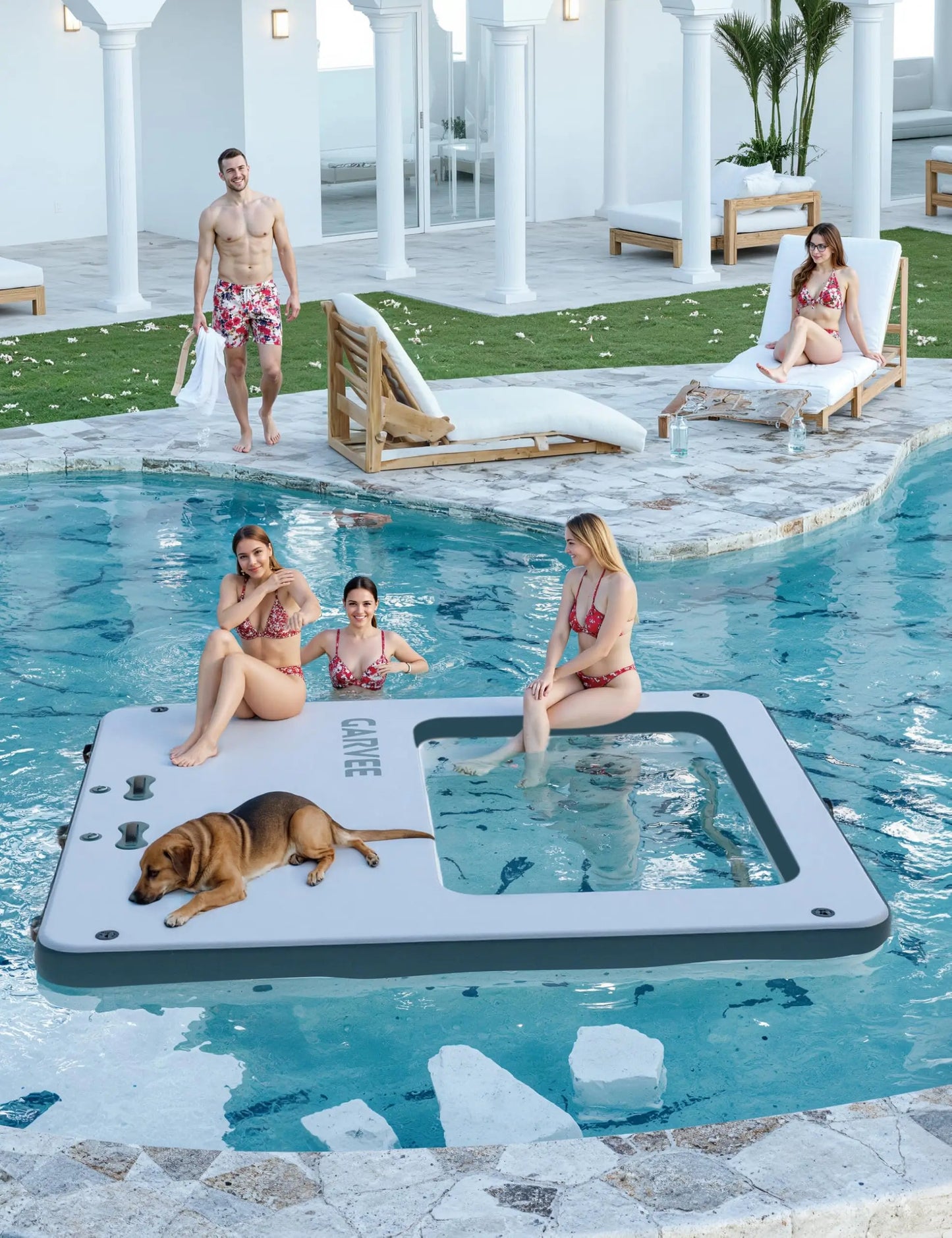 10x10FT Inflatable Water Floating Dock Platform Square Inflatable Dock Floating Platform with Mesh, Non-Slip EVA Platform and Rope Ladder