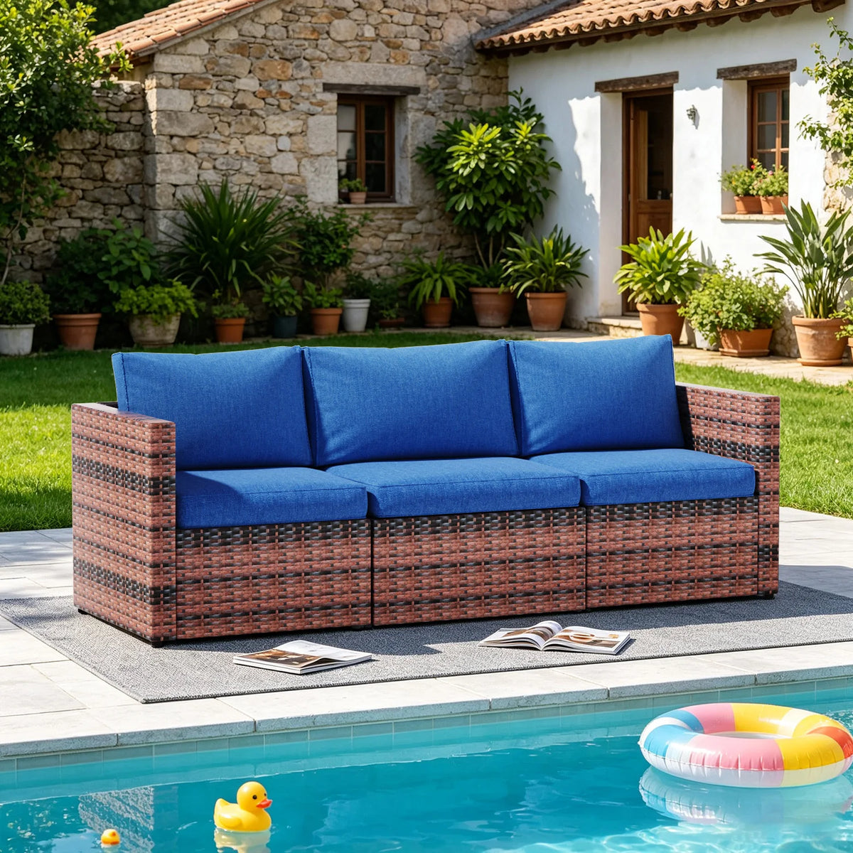 Outdoor Patio Furniture Set, 3-Seat PE Rattan Patio Furniture Sofa with Adjustable Feet & Thick Blue Cushions, All Weather Anti-slip Outdoor Furniture Couch, Durable Outdoor Patio Furniture Set for Poolside, Garden & Backyard