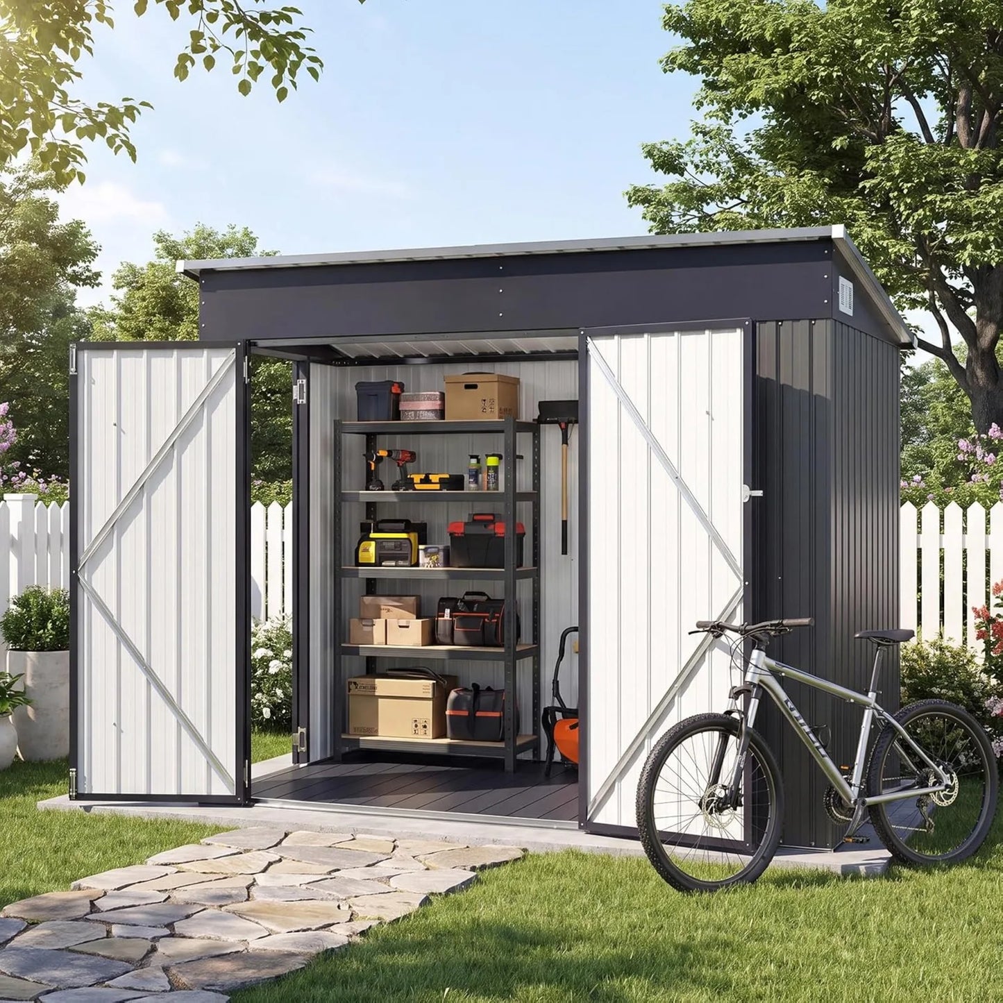 Waterproof Metal Outdoor Storage Shed With Three Lockable Doors