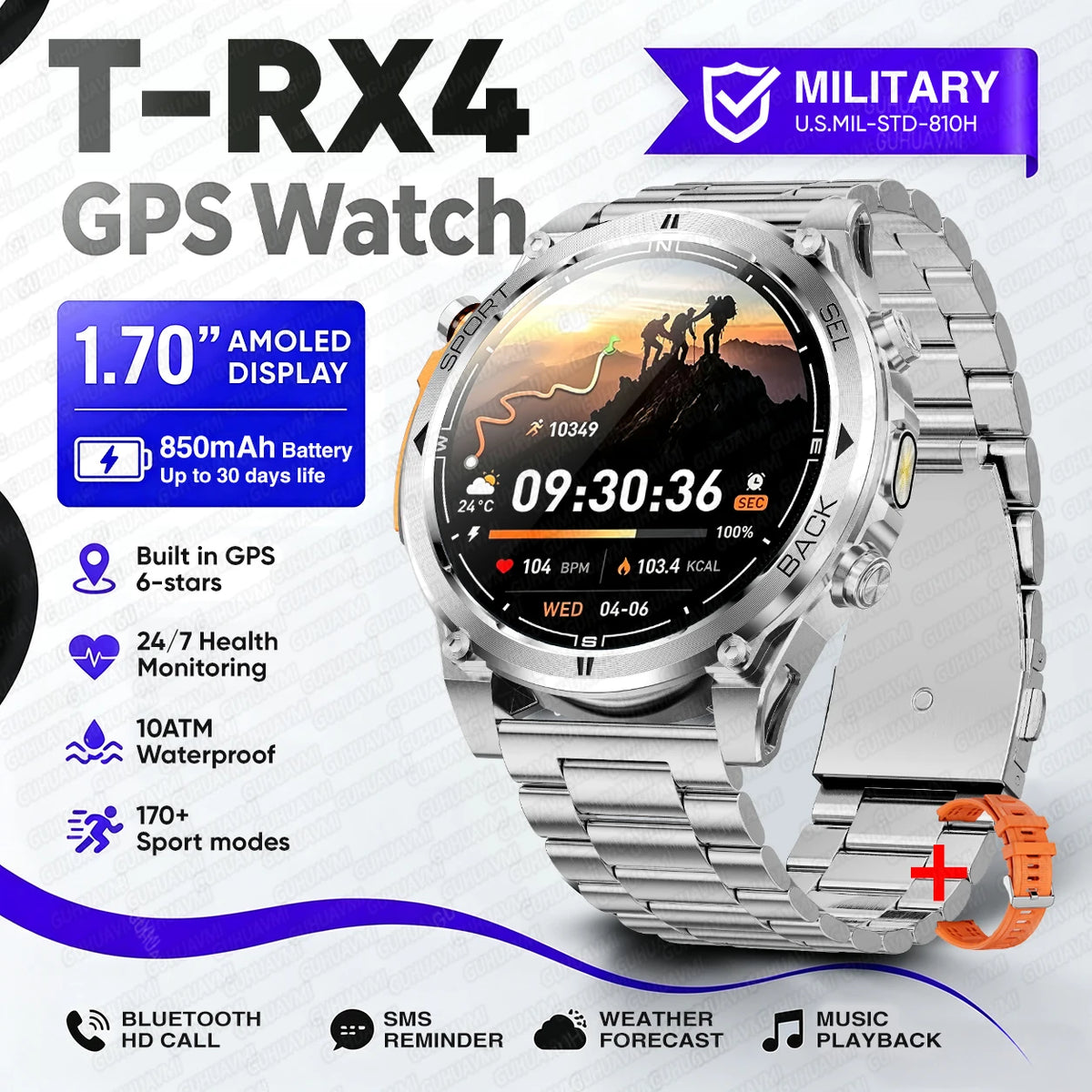 T-RX4 Rugged Outdoor GPS Smartwatch with Compass Altimeter and Barometer
