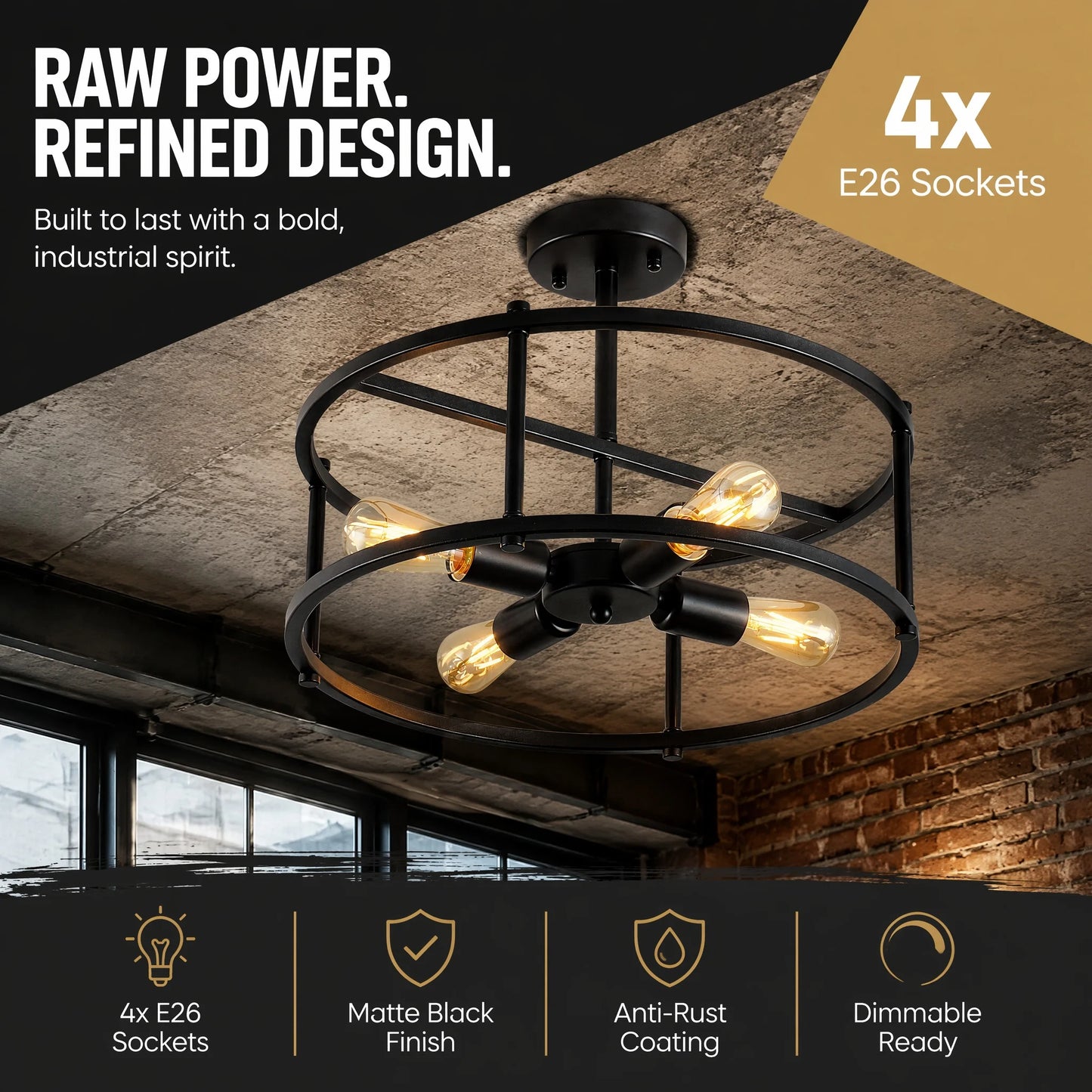 ARLGSTE Four Light Farmhouse Industrial Semi Flush Mount Ceiling Light