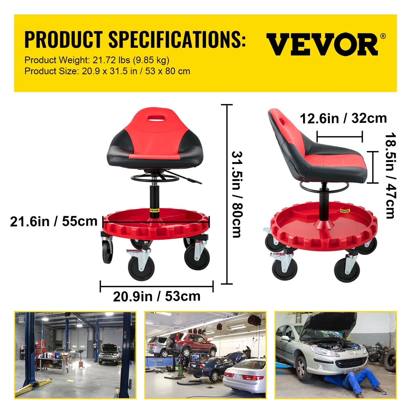 SucceBuy Adjustable Rolling Garage Stool With Tool Tray And Casters