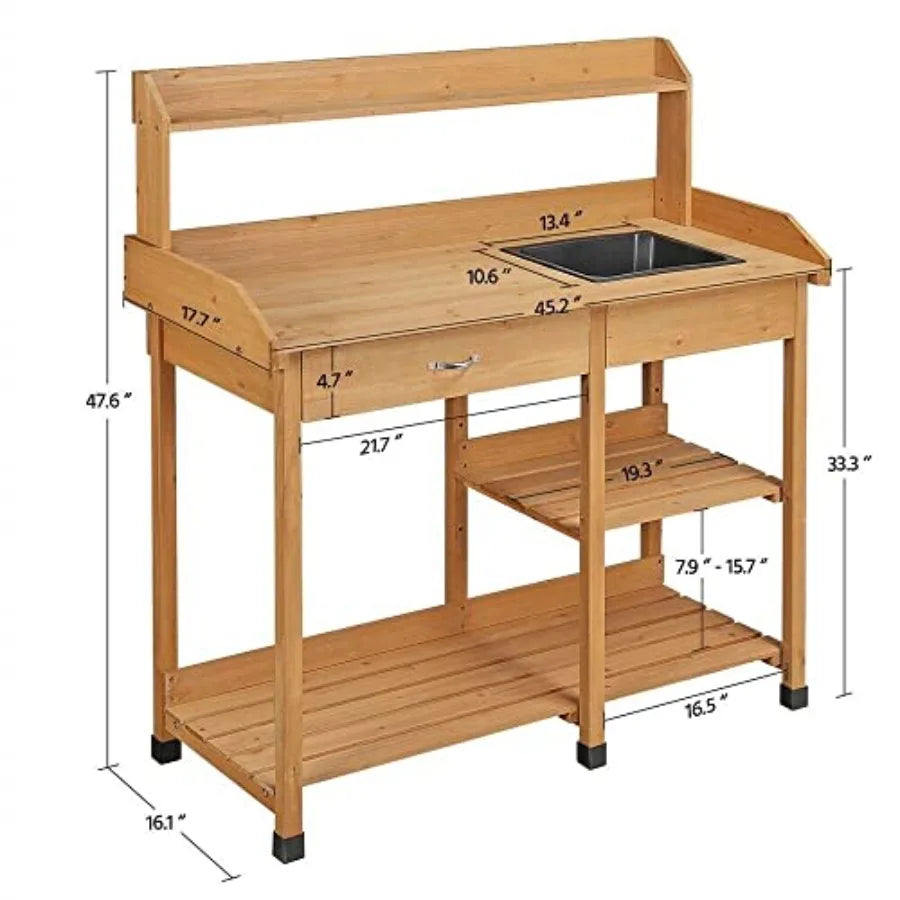 Outdoor Garden Potting Bench Table With Sink And Drawer For Patio, Balcony, Or Deck Use; Solid Wood Construction; Color B; Dura