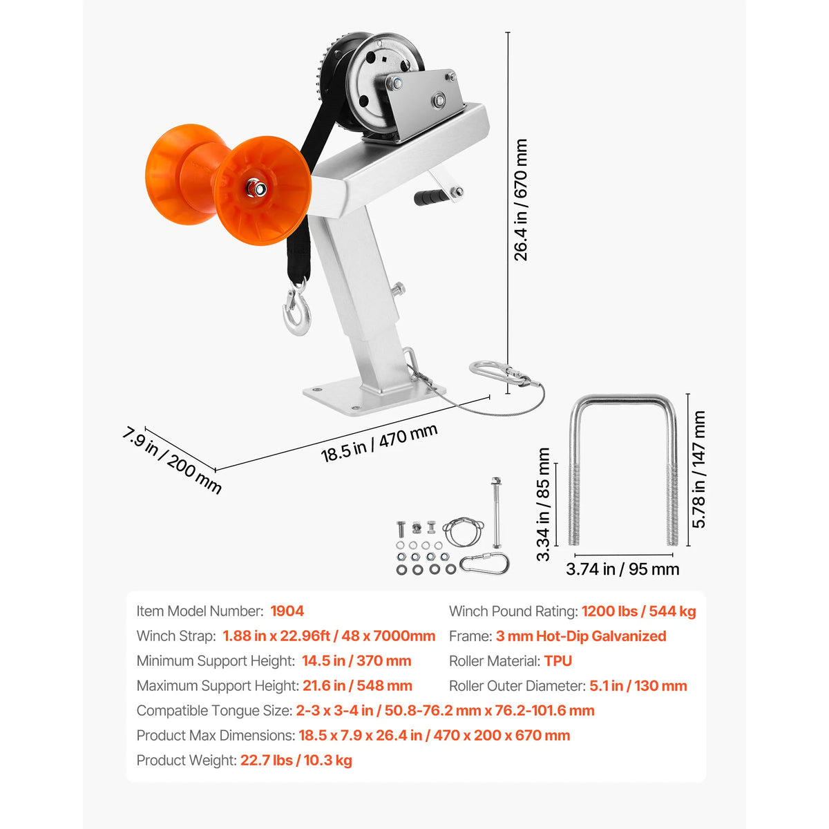 SucceBuy 1200Lbs Boat Trailer Winch Stand with Roller & 25ft Strap Boat Winch Mount for 2-3 x 3-4in Tongue Fit Jet Ski Sailboat