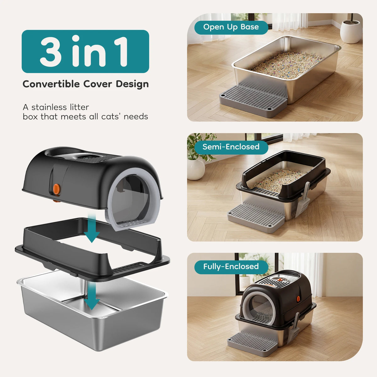 Stainless Steel Fully Enclosed Cat Litter Box With Scoop