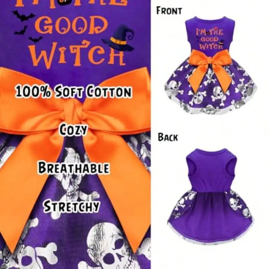 Dog Halloween Costume Dress With Bow Pumpkin Witch Bat Outfit