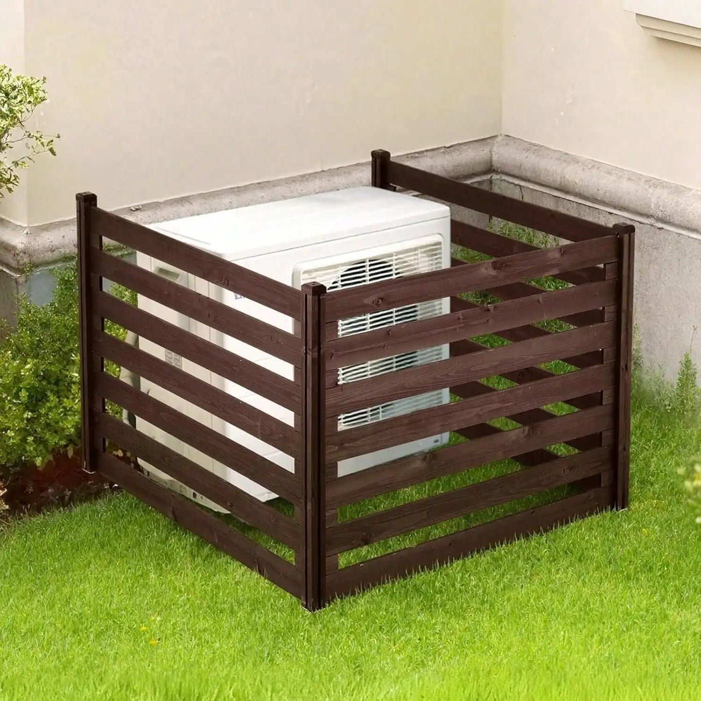Wooden Privacy Fence, 48 X 37 Inch Air Conditioner Fence, 3 Panel Solid Outdoor Wood Privacy Screen With Metal Stakes, Steel Fra
