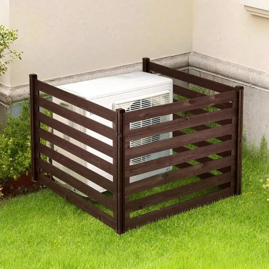 Wooden Privacy Fence, 48 X 37 Inch Air Conditioner Fence, 3 Panel Solid Outdoor Wood Privacy Screen With Metal Stakes, Steel Fra