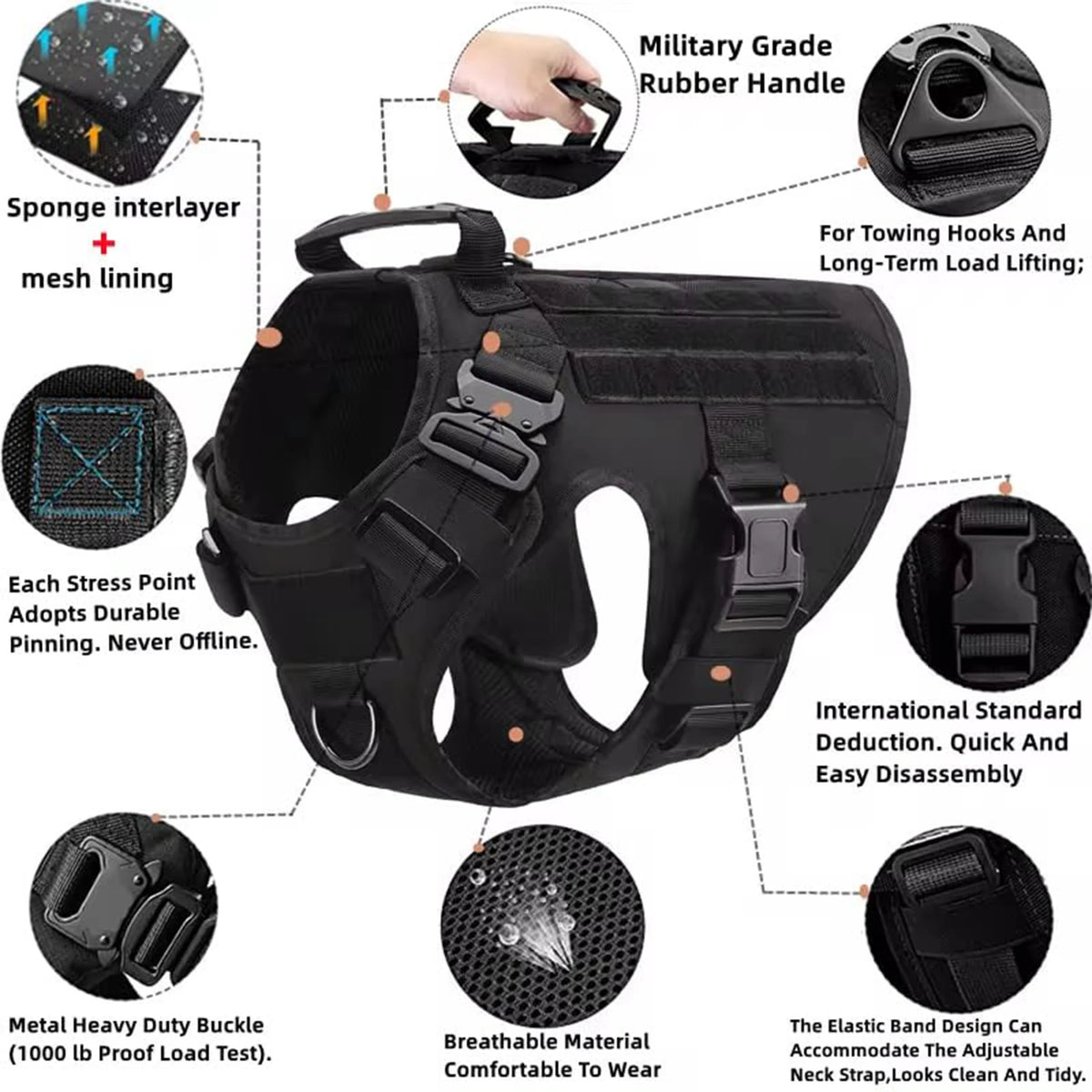 Petavel Tactical Dog Harness With Quick Release Padded Molle Vest