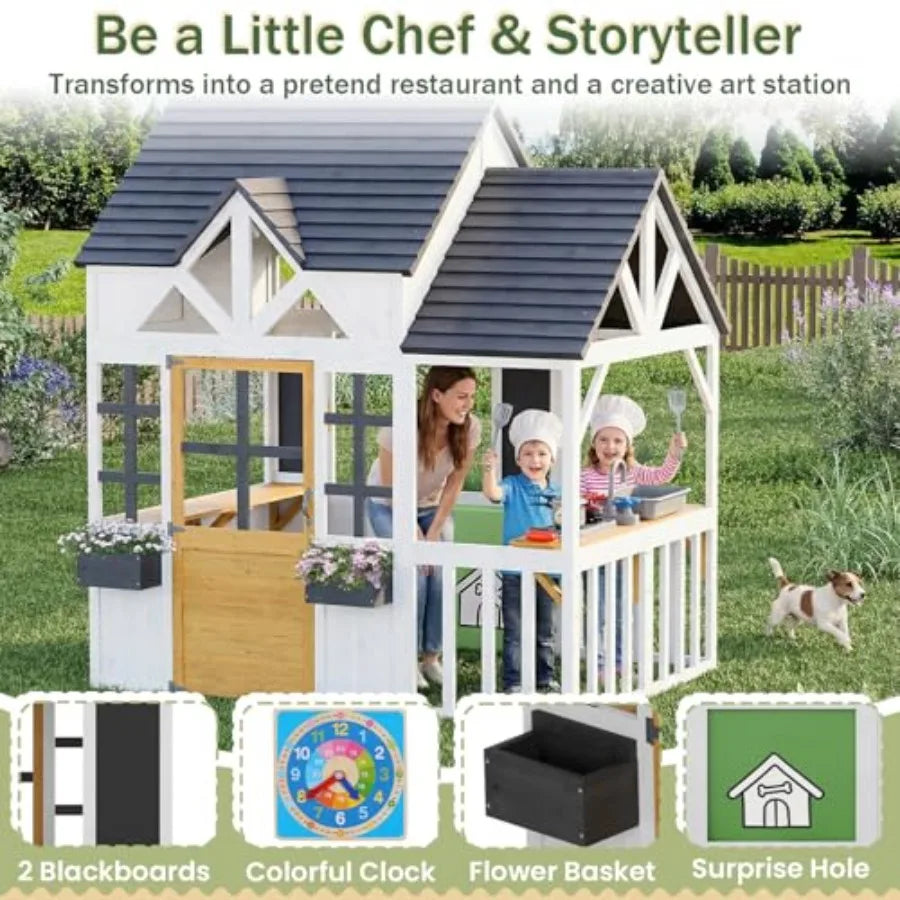 MDNG Outdoor Wooden Kids Playhouse Kitchen Blackboard Magnetic Door