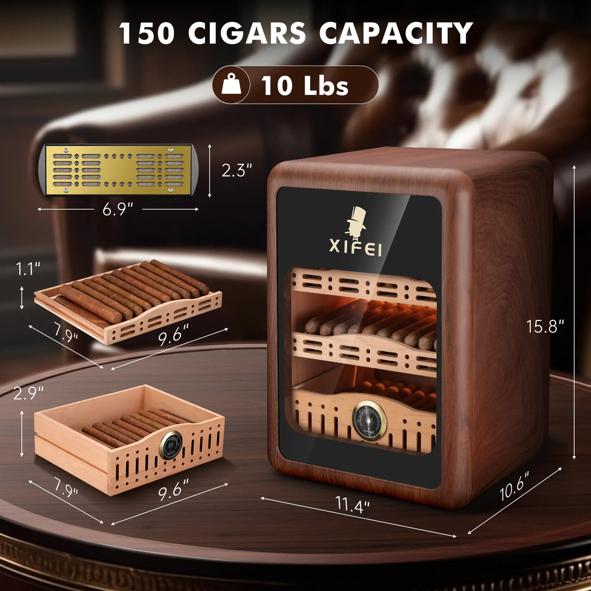 XIFEI Desktop Cigar Humidor With LED Lighting And Cedar Shelves
