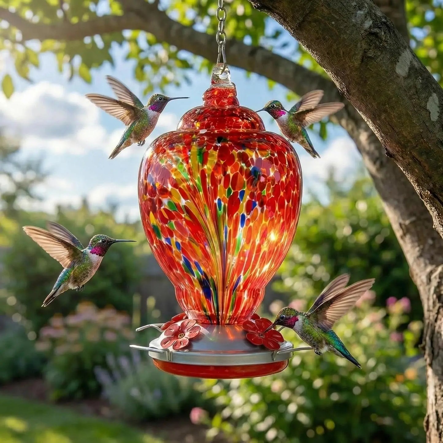 Hand Blown Glass Hummingbird Feeder With Ant Proof Tray