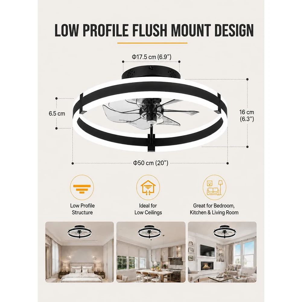 Low Profile Flush Mount Ceiling Fan With Dimmable LED Light