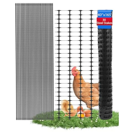 Garden Fence Animal Barrier Snow Fence Temporary Fence Kit 40 in X 164 Ft Plastic Safety Fence with 30 45-Inch Steel St