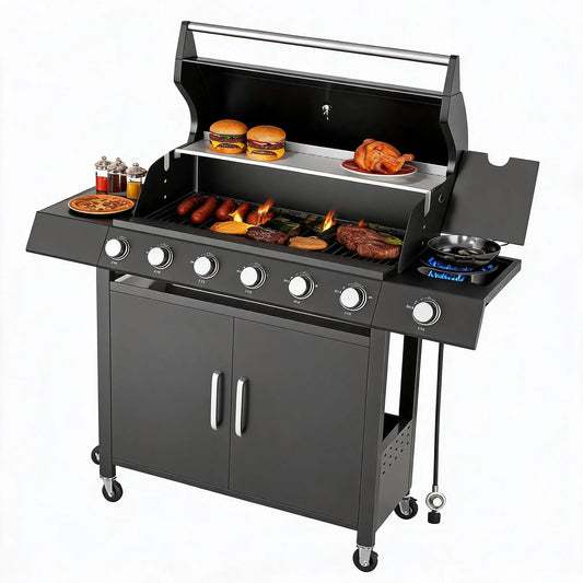Outdoor Gas Grill with Side Burner, Warming Rack, Storage Cabinet