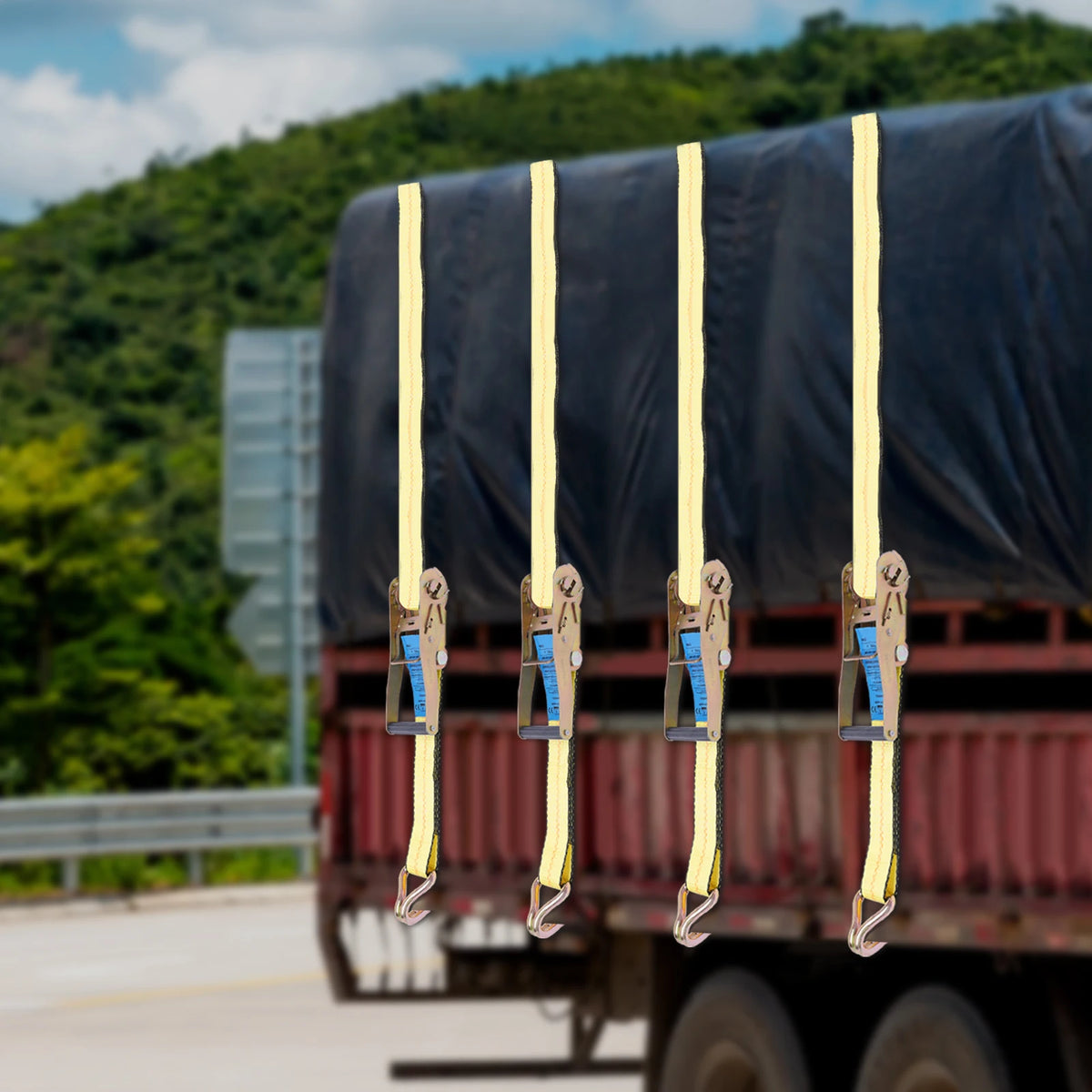 Ratchet Tie Down Strap Set, 4 Pieces Yellow Polyester Cargo Lashing Webbing 2Inch Width 27Ft Length Double Galvanized J Hook 5500Lbs Working Load Plastic Safety Release Lever For Truck Trailer Marine Cargo Fixing