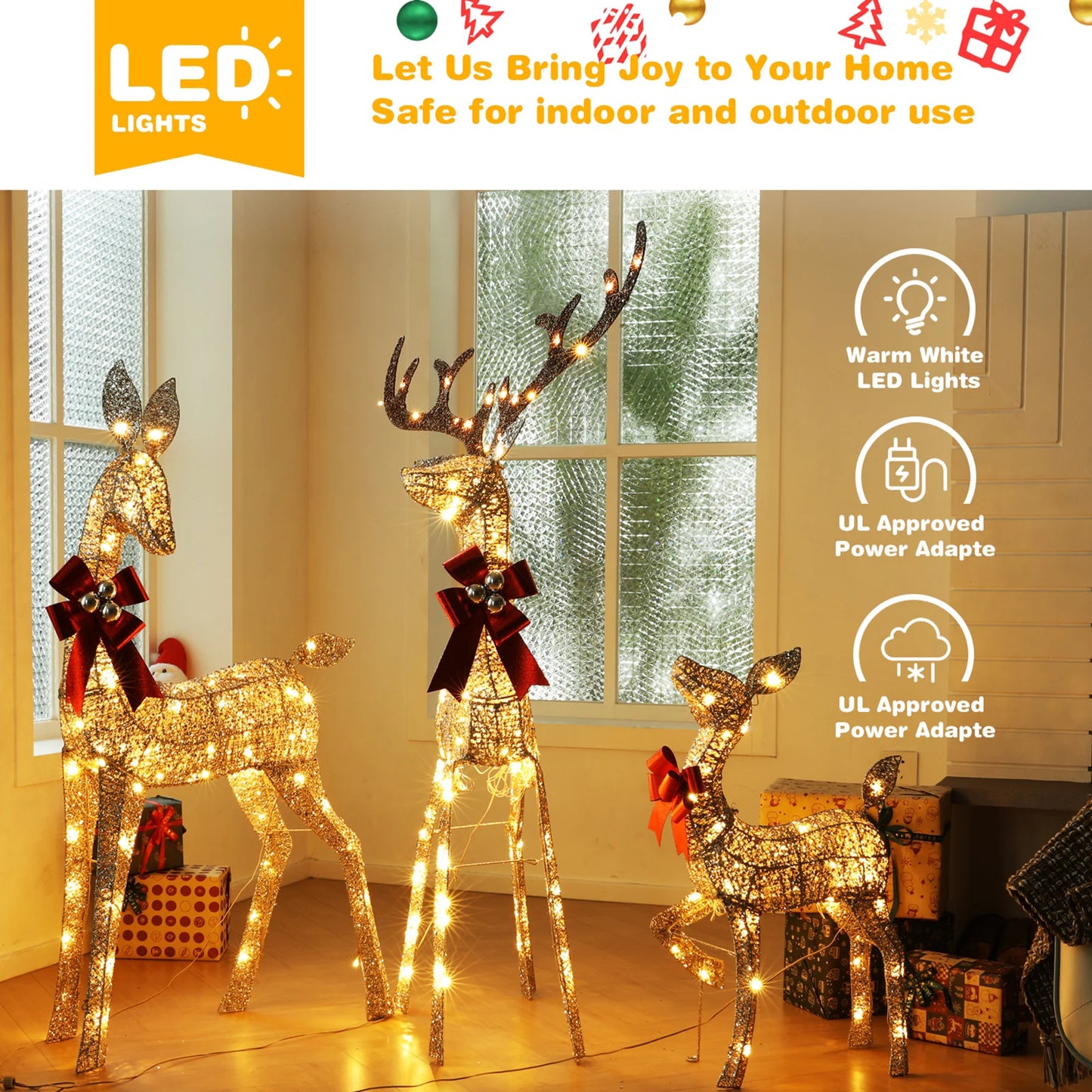 Three Piece Pre Lit Christmas Deer LED Light Outdoor Decor