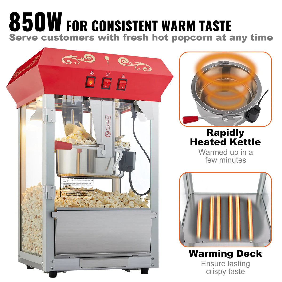 Commercial Countertop Popcorn Maker With Tempered Glass Kettle