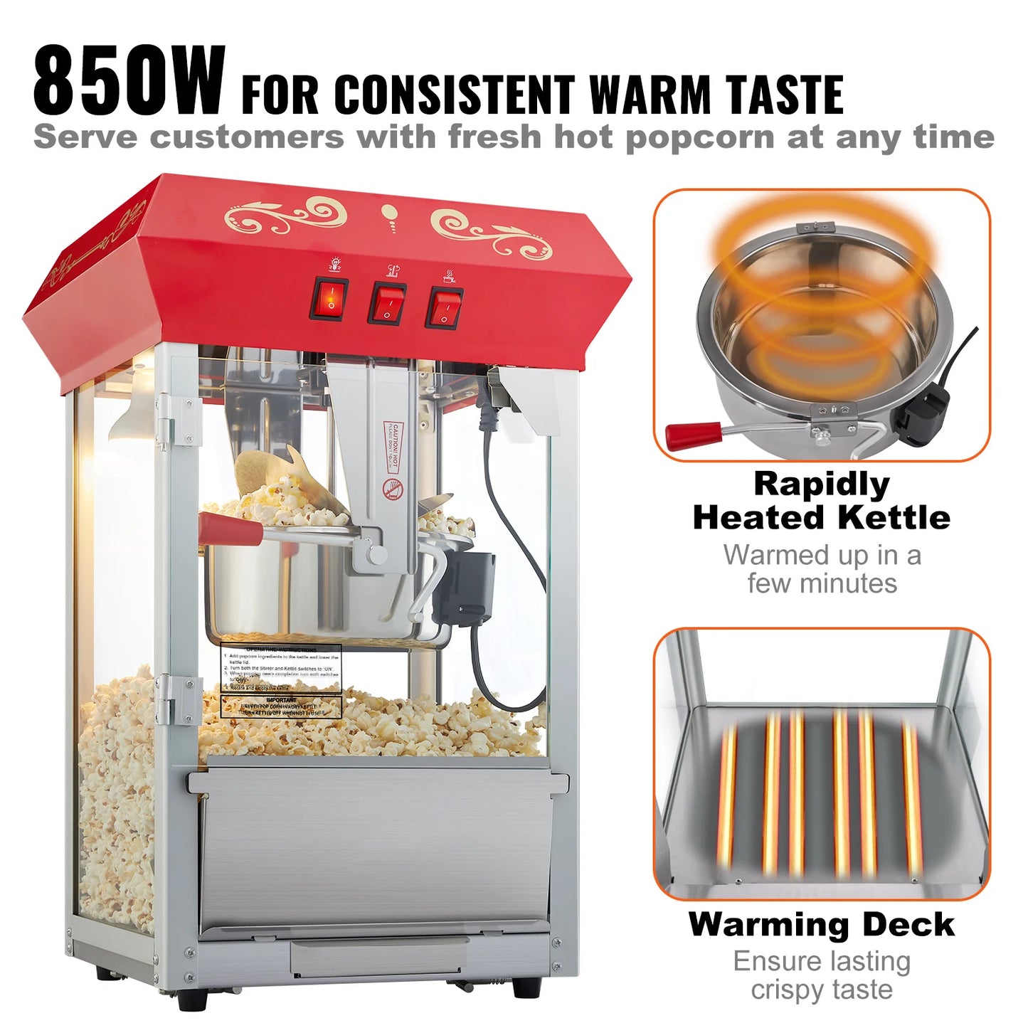 SucceBuy 8 12Oz Popcorn MakerPopcorn Popper Machine Kettle Makes Countertop Popcorn Maker with Tempered Glass