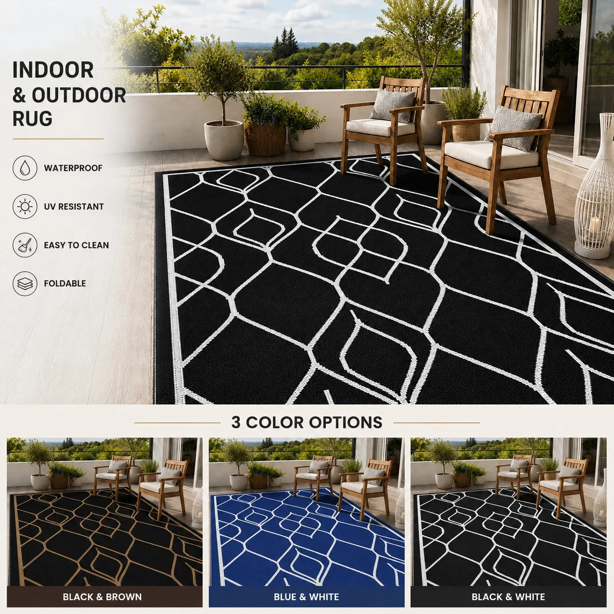 Waterproof Reversible Plastic Straw Patio Rug With Quick Dry Design