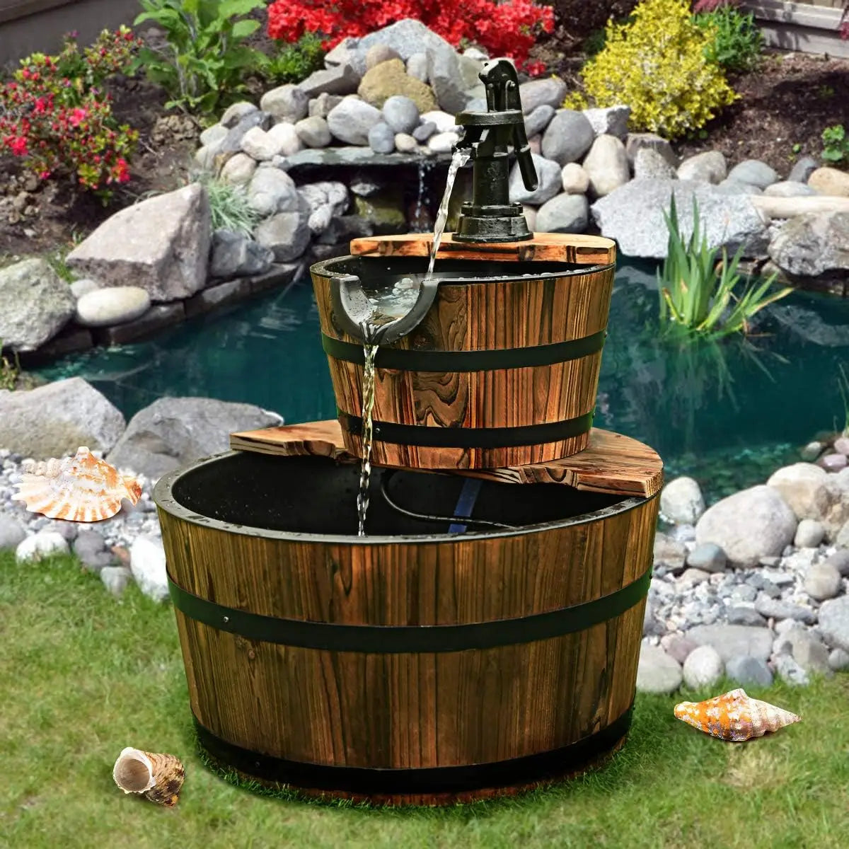 Two Tier Wooden Barrel Waterfall Fountain With Electric Pump