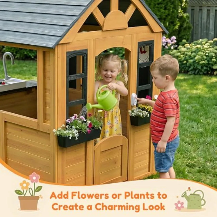 Mdng Outdoor Wooden Playhouse With Kitchen And Snack Bar