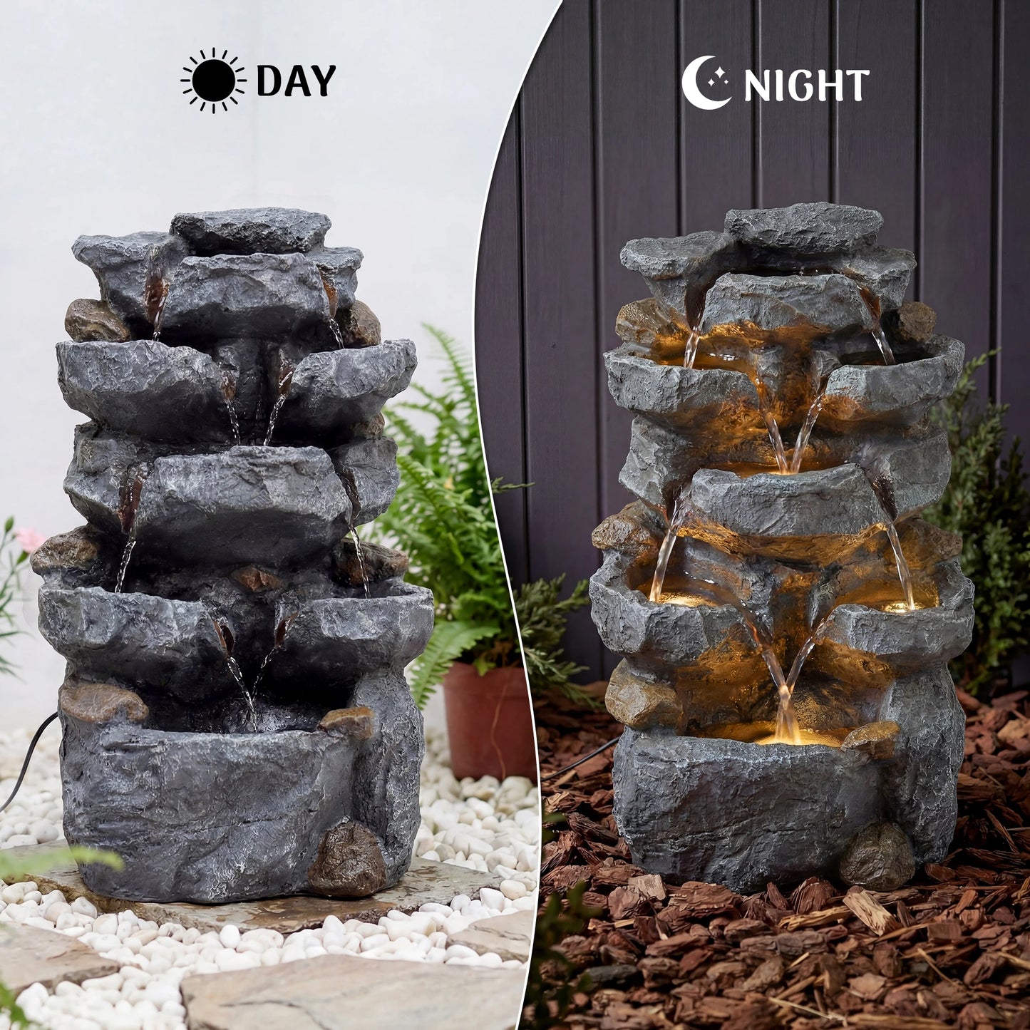 Cascading Rock Water Fountain With LED Lights For Outdoor Patio