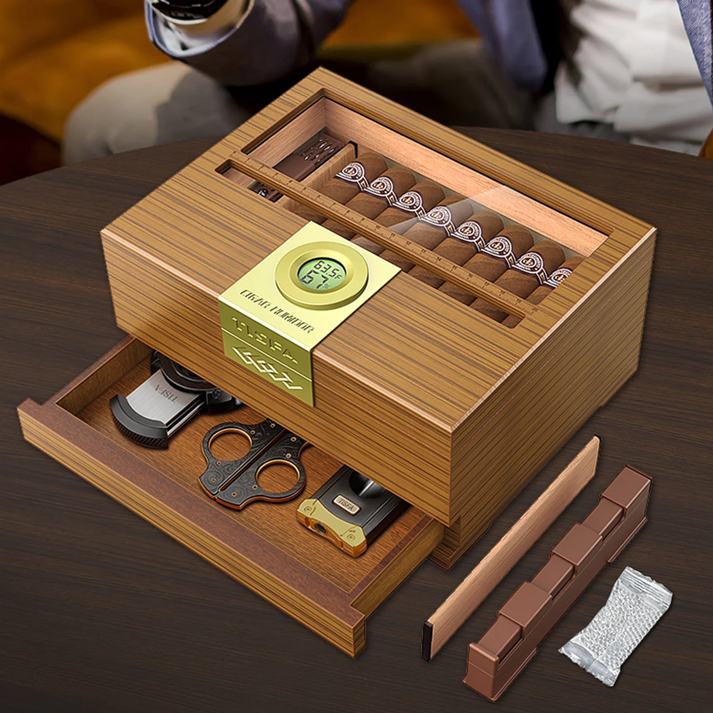 Xifei Cedar Wood Cigar Humidor With Hygrometer Humidifier And Drawer
