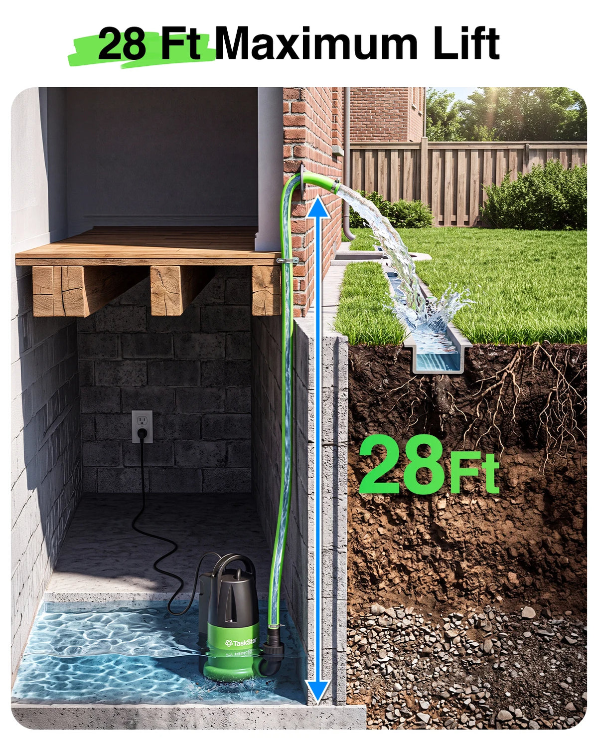 TaskStar 1HP Submersible Water Pump 4000GPH Sump Pump with 25Ft Long Cord Built‑in Vertical Float Switch 28Ft Max Lift for Basement Pool Hot Tub Yard Flood Drainage