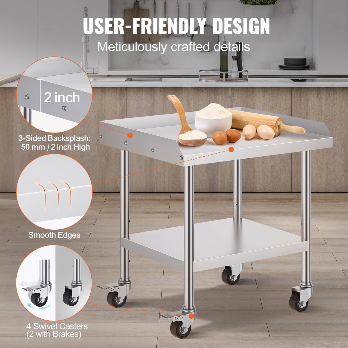 SucceBuy Stainless Steel Work Table With Four Casters And Backsplash