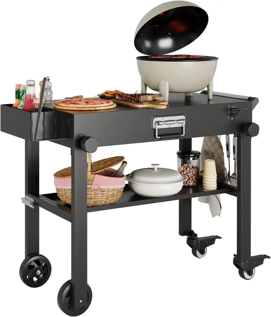 Tacleekii Folding Grill Cart With Locking Wheels and Prep Table