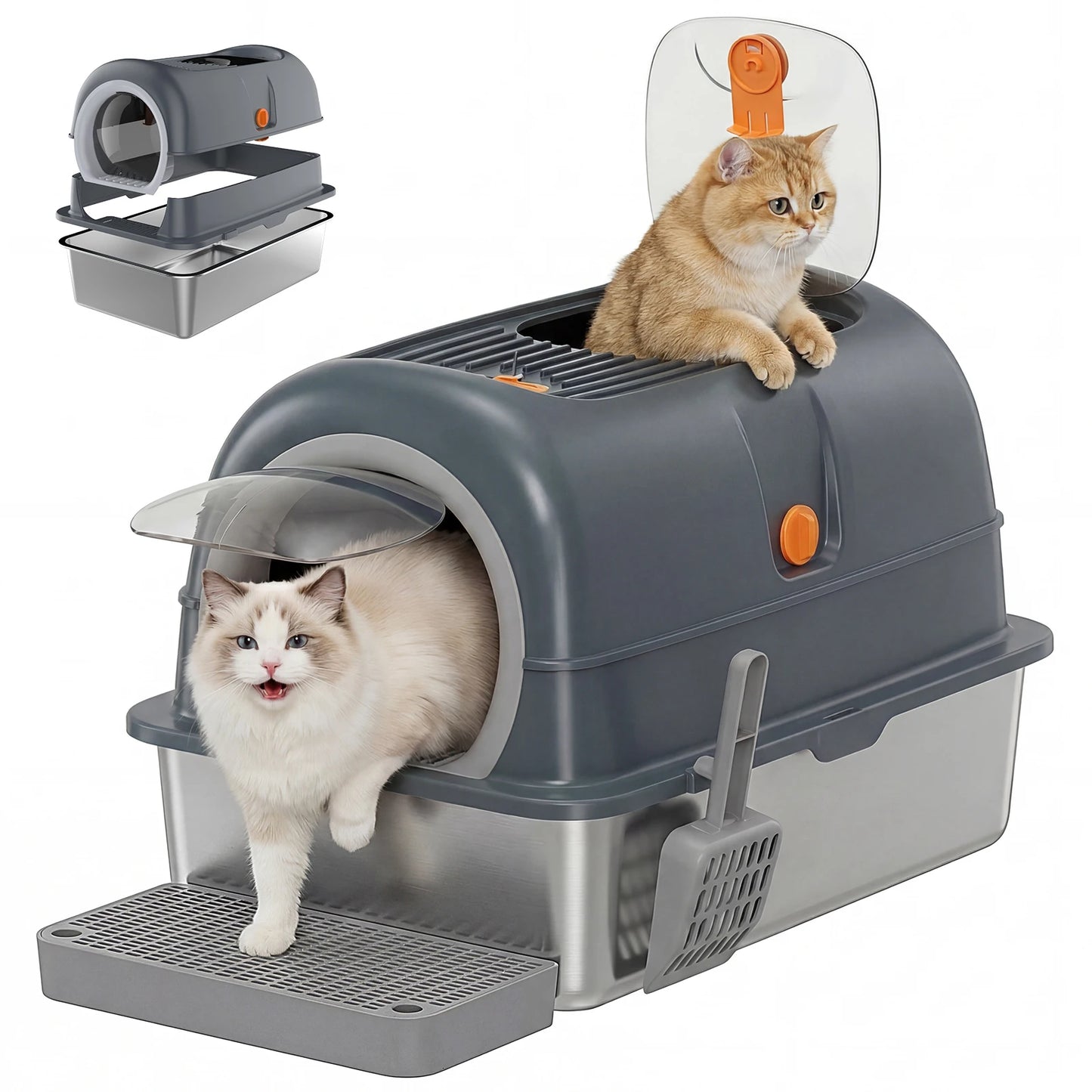 Stainless Steel Fully Enclosed Cat Litter Box With Scoop