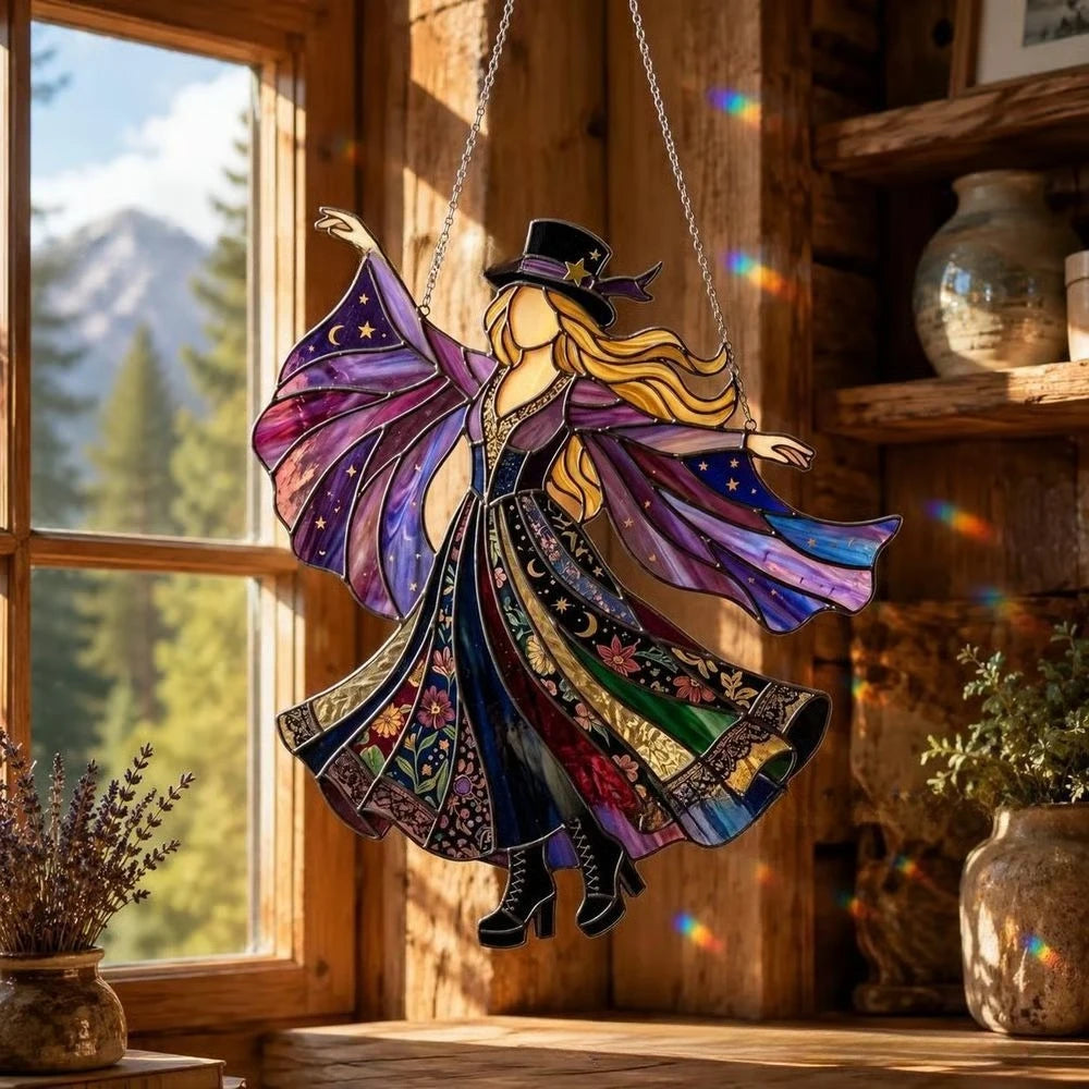 Acrylic Witch Ghost Black Cat Stained Glass Window Suncatcher