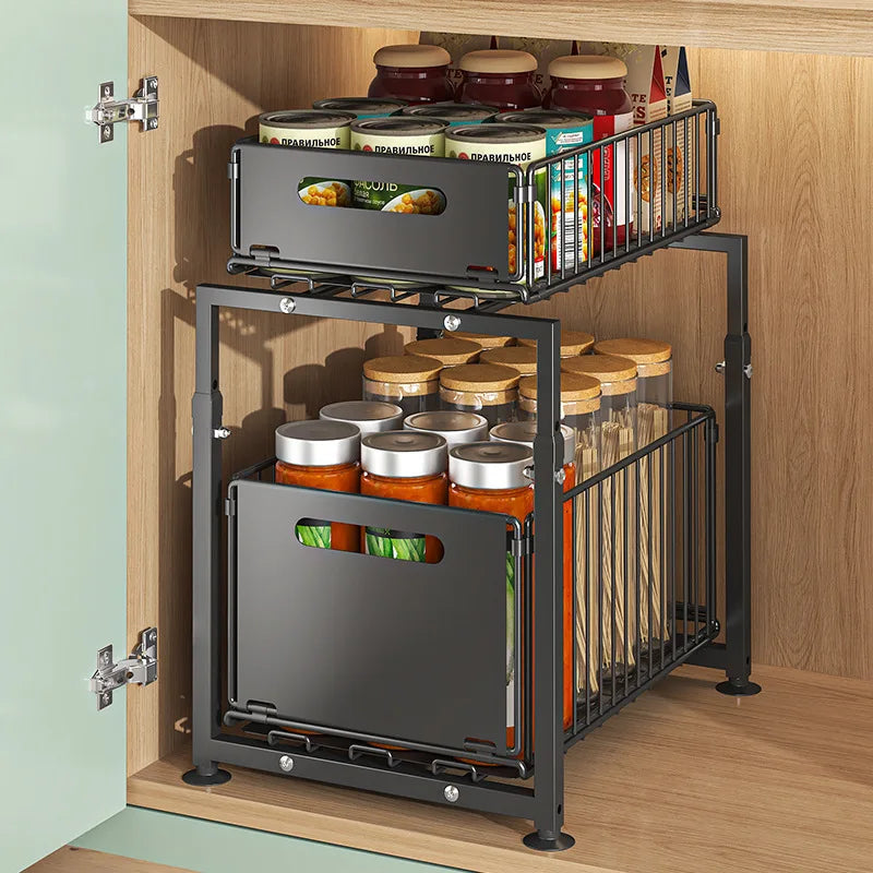 Aehome Adjustable Metal Under Sink Slide Out Cabinet Organizer Shelf