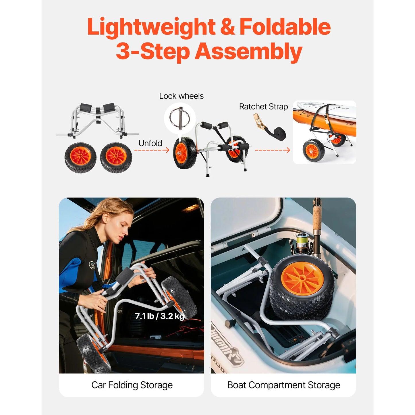 SucceBuy Foldable Kayak Cart With Solid Tires And Ratchet Strap
